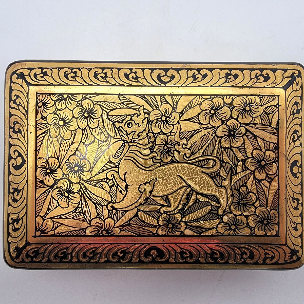 Vintage Mythical Tiger Gold Lacquerware Box