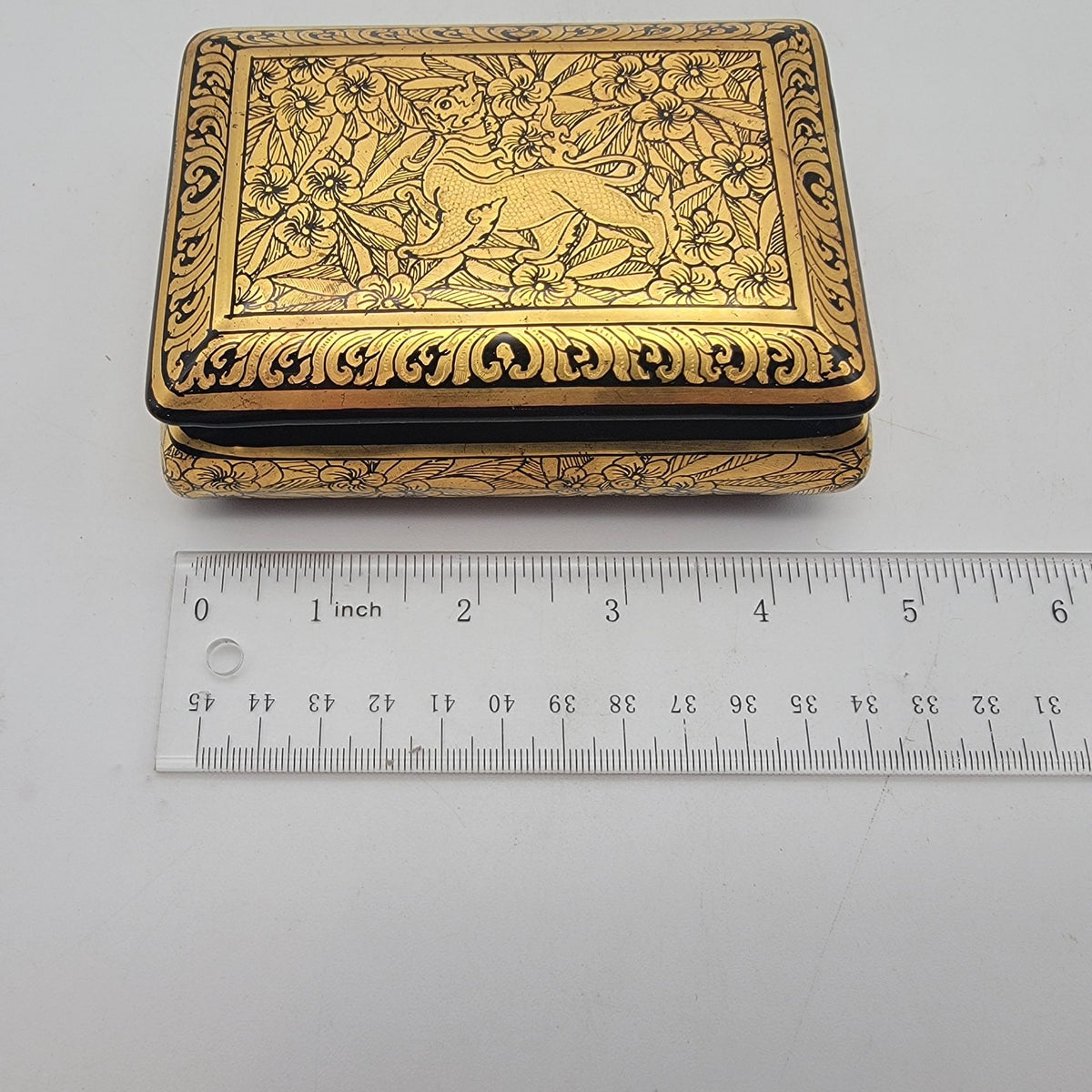 Vintage Mythical Tiger Gold Lacquerware Box
