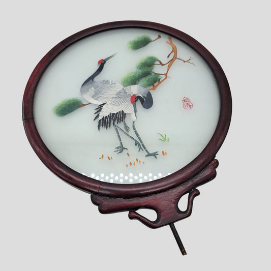 Vintage Suzhou Silk Embroidery Table Screen With Cranes As Found