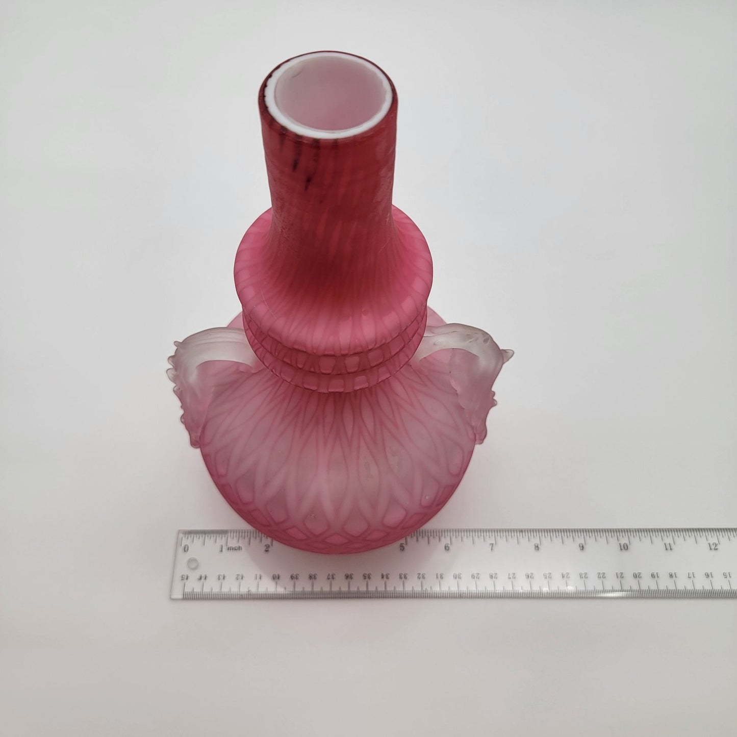 Victorian Pink Cased Satin Glass Vase Diamond Quilt