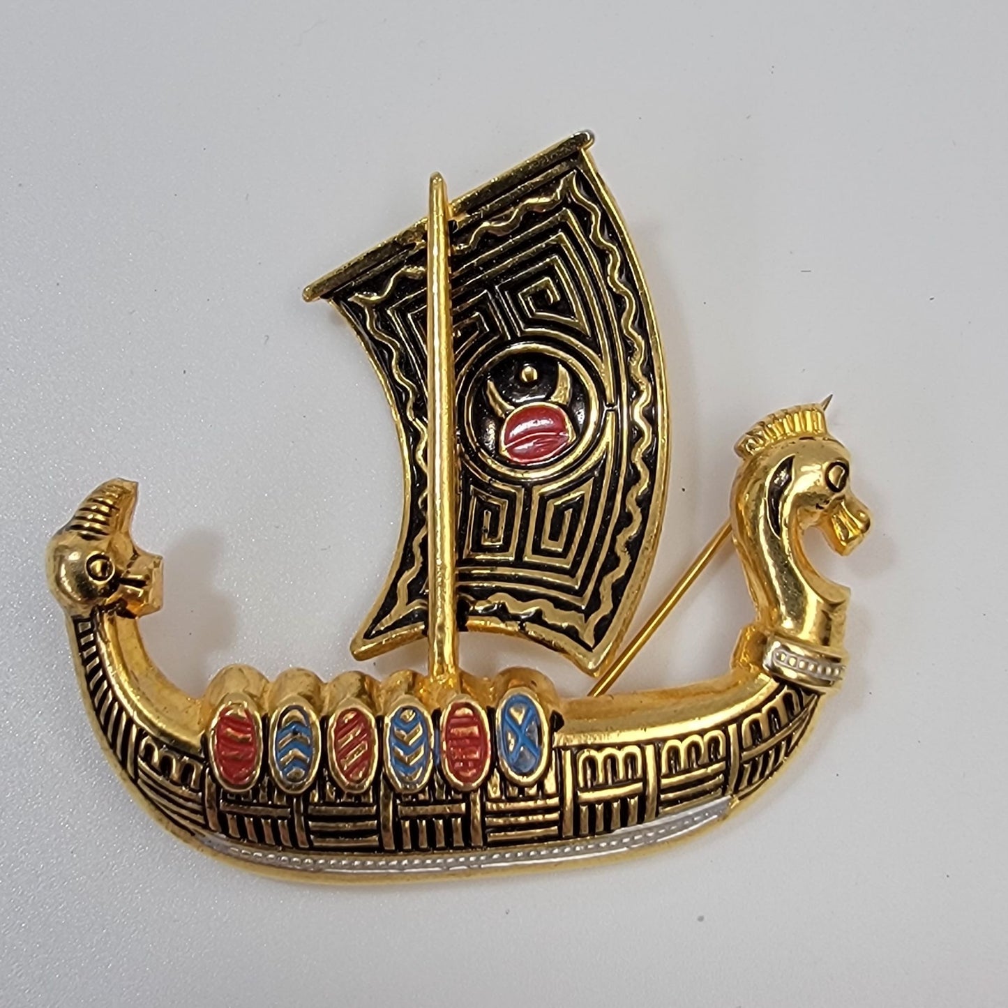 Vintage 1950-60s Damascene Spanish Galleon Viking Ship Brooch