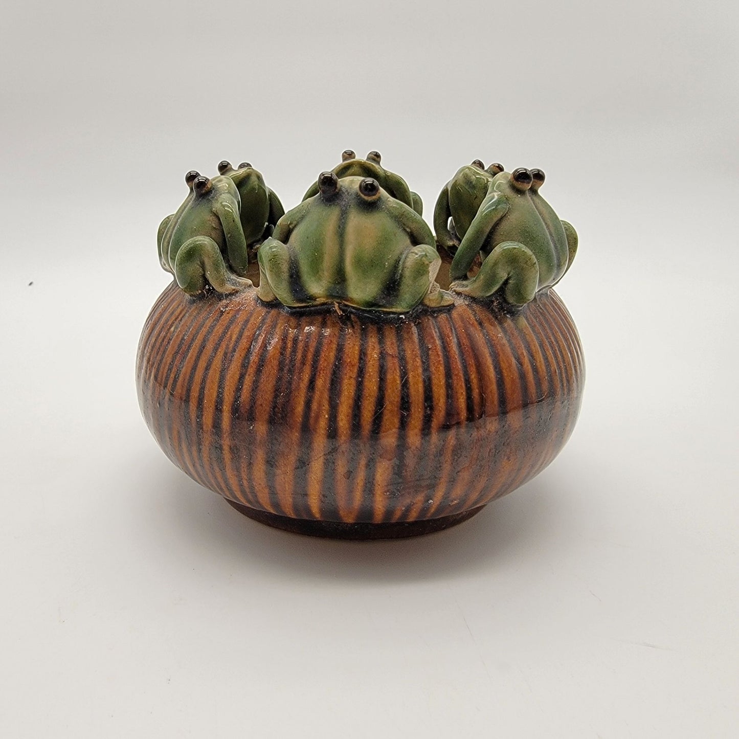 Vintage Mid Century Japanese Majolica 6 Frog Planter