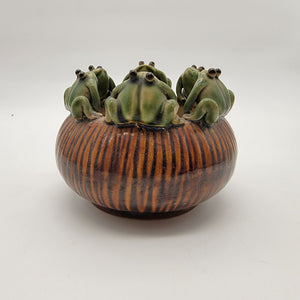 Vintage Mid Century Japanese Majolica 6 Frog Planter
