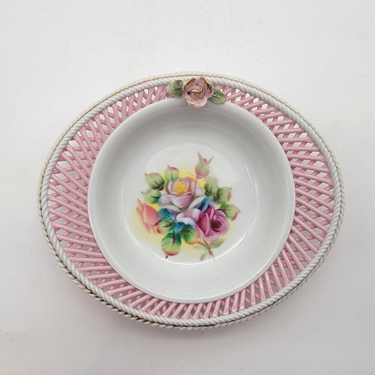 1950s Kasuga Ware Pink Lattice Porcelain Rose Dish