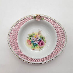 1950s Kasuga Ware Pink Lattice Porcelain Rose Dish