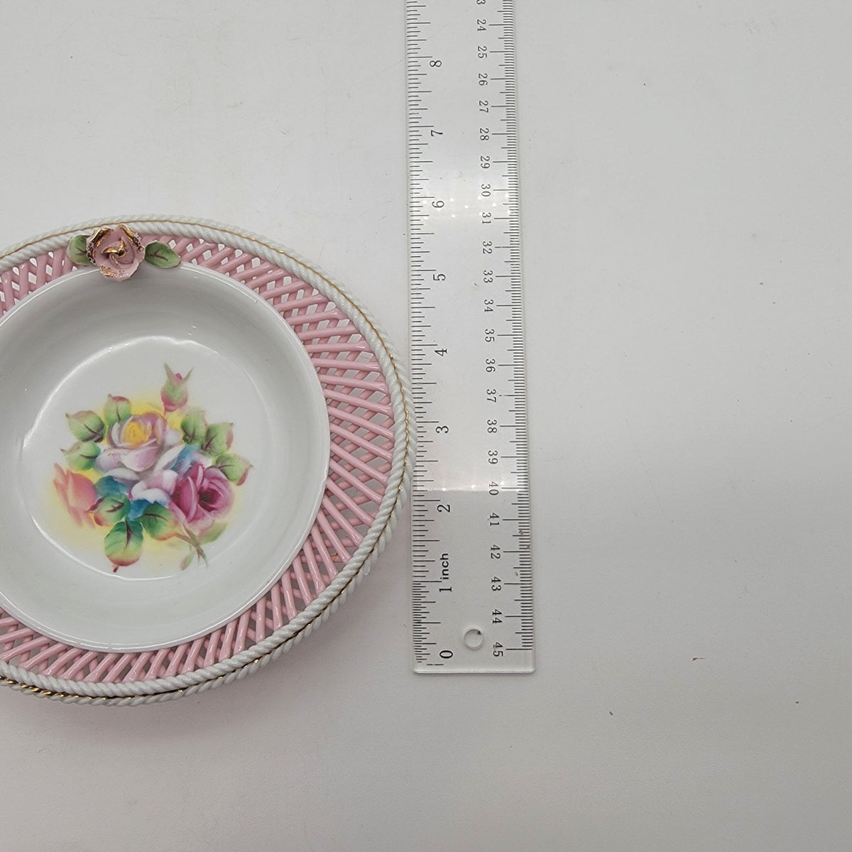 1950s Kasuga Ware Pink Lattice Porcelain Rose Dish