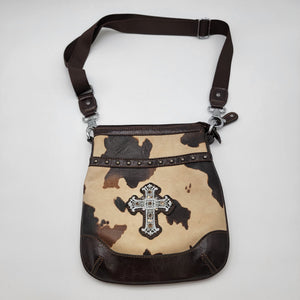 Cowhide Print Crossbody Purse With Studded Cross Embellishment