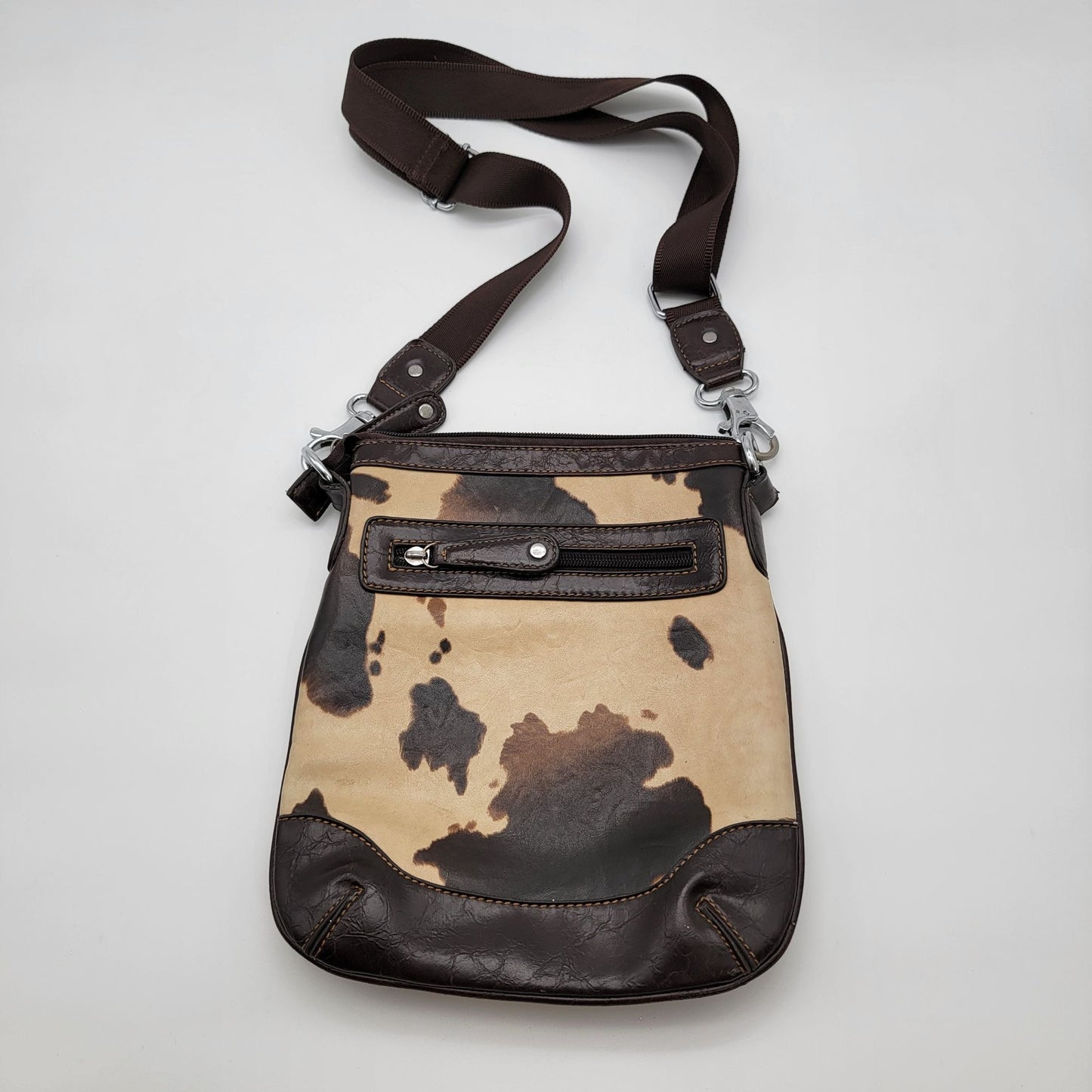 Cowhide Print Crossbody Purse With Studded Cross Embellishment