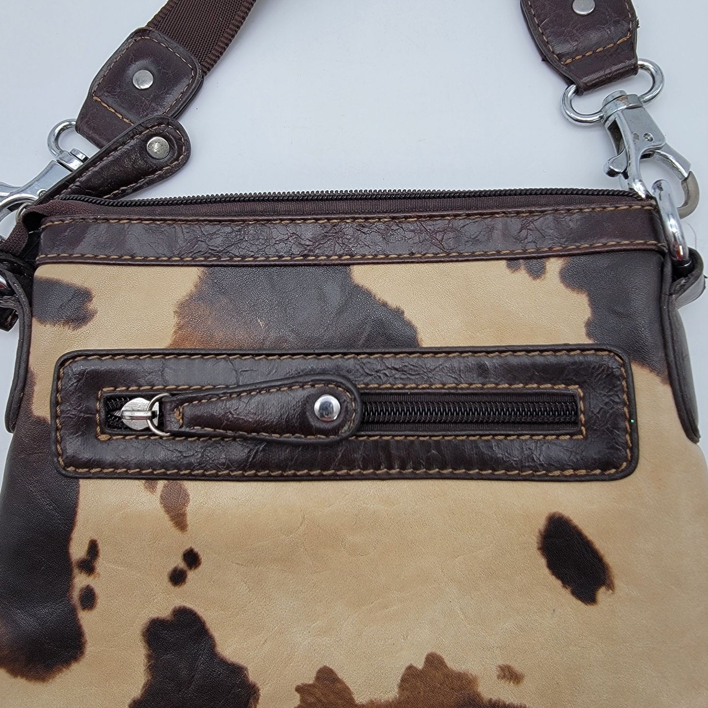 Cowhide Print Crossbody Purse With Studded Cross Embellishment