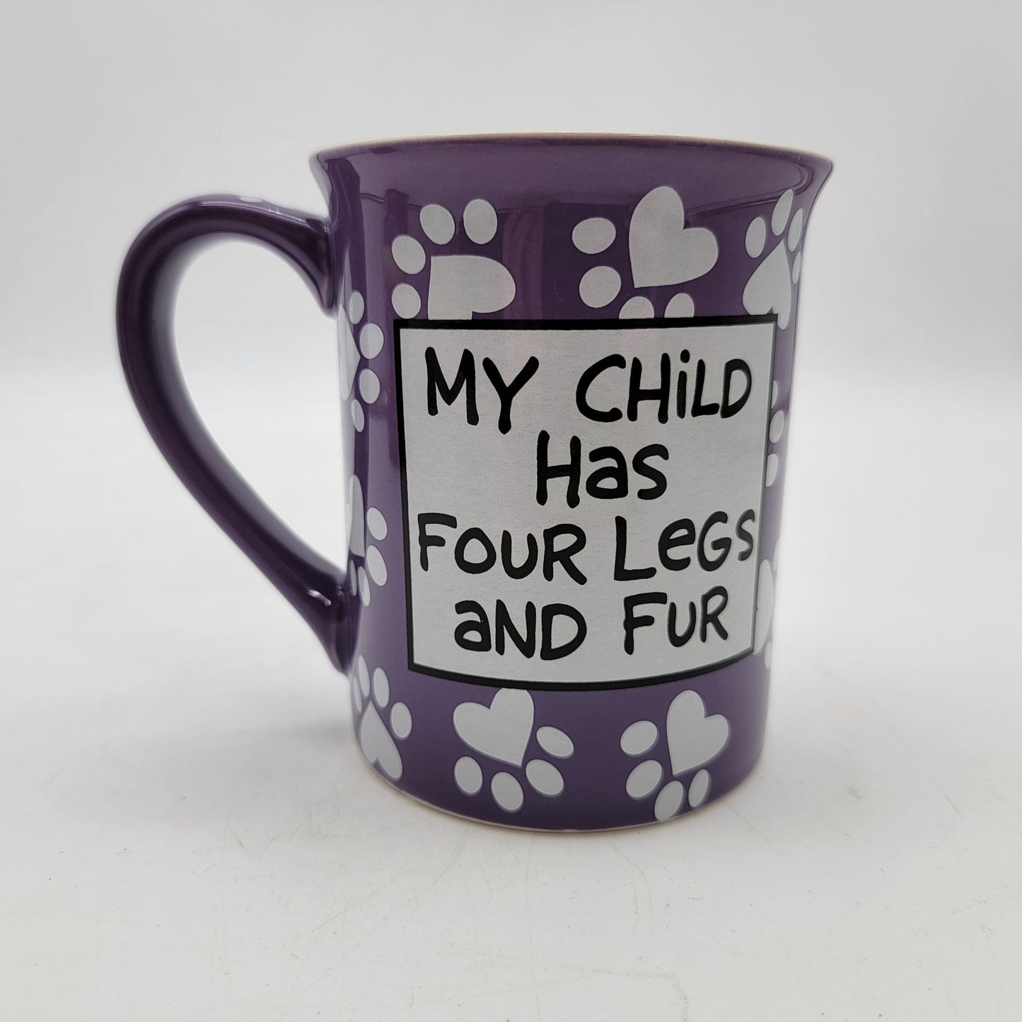 My Child Has Four Legs & Fur Purple Dog Mom Mug By Our Name Is Mud With Paw Print & Heart Design