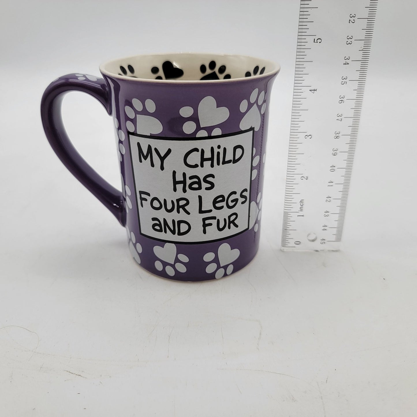 My Child Has Four Legs & Fur Purple Dog Mom Mug By Our Name Is Mud With Paw Print & Heart Design