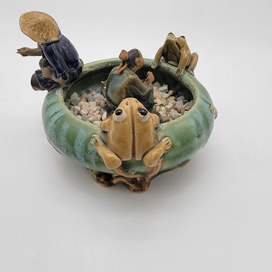 Vintage 1960s Mudmen & Frogs Majolica Pottery Planter Bowl