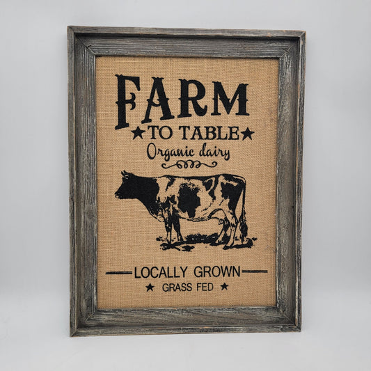 Farm To Table Burlap Wall Art Rustic Cow Print In Distressed Wooden Frame