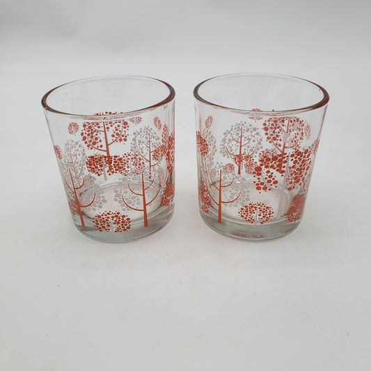 Vintage 1960s Set Of 2 Glass Tumblers With Orange & White Tree Pattern