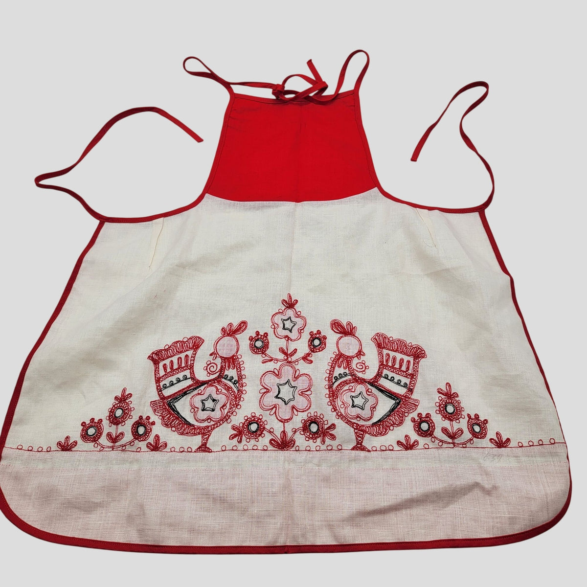 Vintage Embroidered Swedish Rooster Linen Bib Apron Red White Folk Art