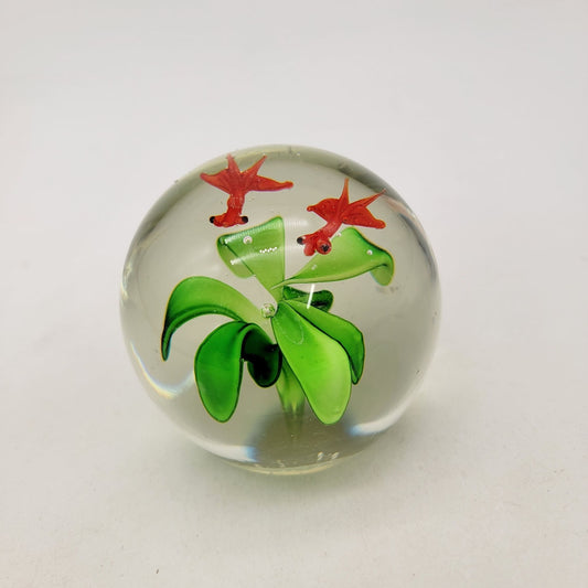 Vintage Art Glass Paperweight With Two Red Fantail Goldfish & Green Leaves