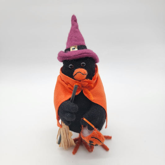 Halloween Black Crow Bird In Purple Witch's Hat & Orange Cape