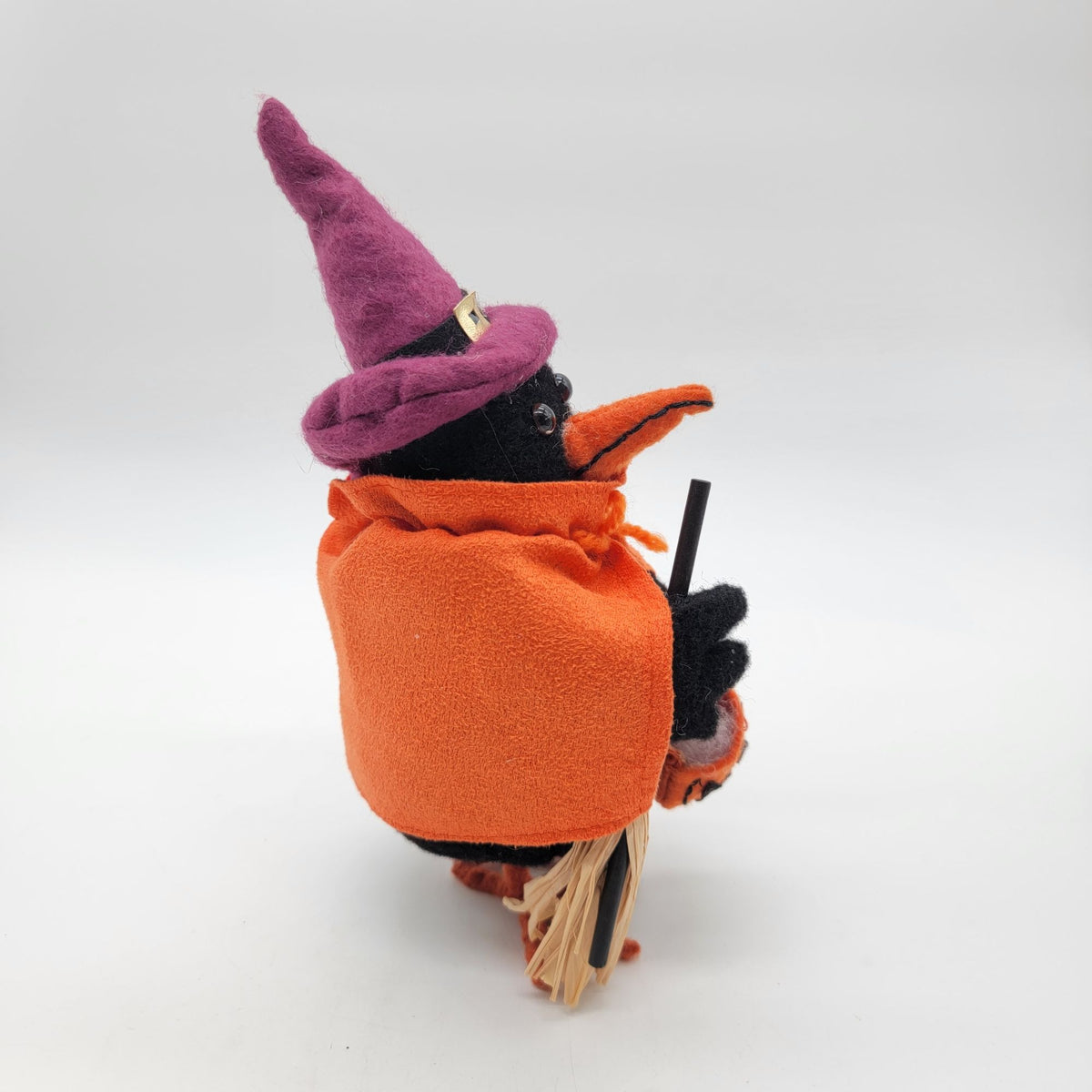 Halloween Black Crow Bird In Purple Witch's Hat & Orange Cape
