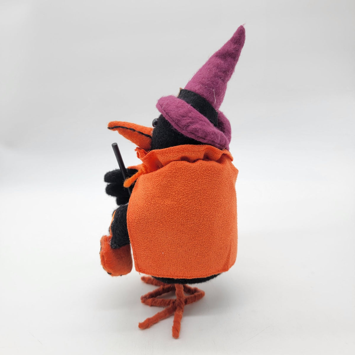 Halloween Black Crow Bird In Purple Witch's Hat & Orange Cape
