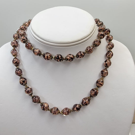 Vintage Murano Glass Black & Copper Aventurine Beaded Necklace