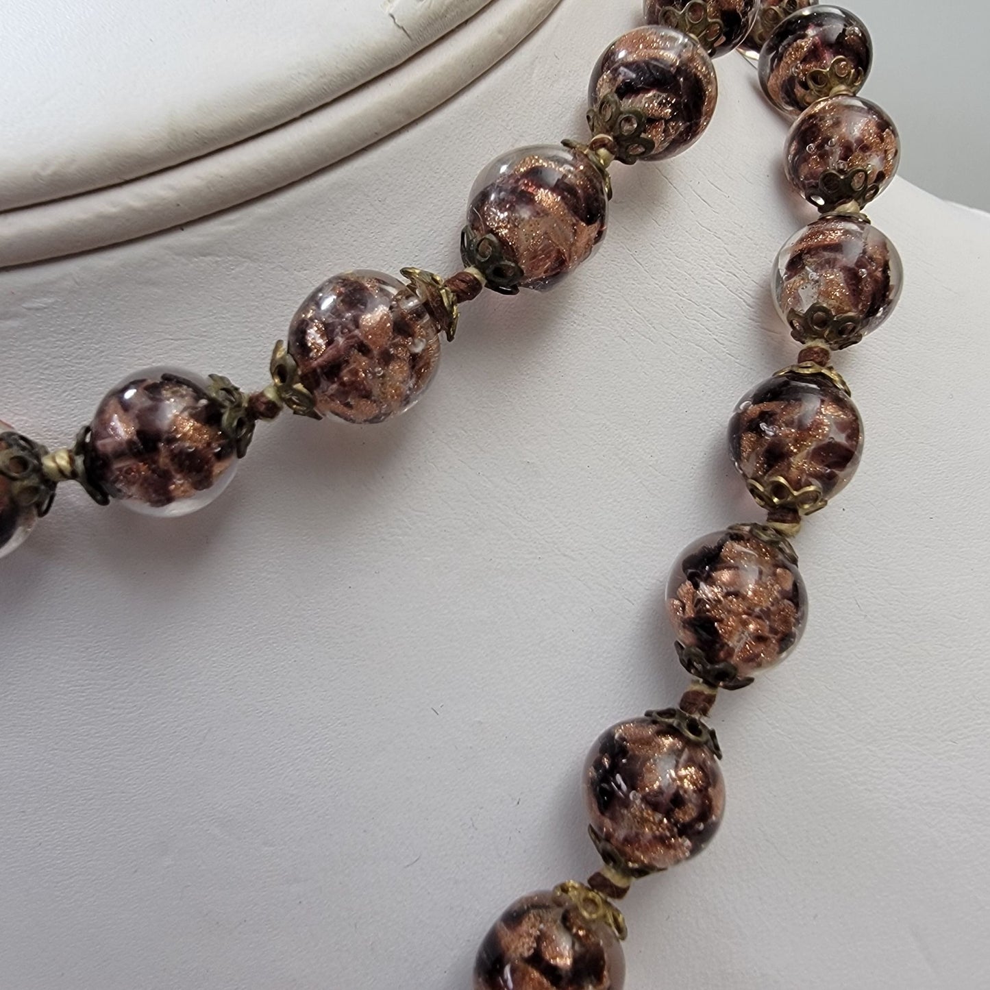 Vintage Murano Glass Black & Copper Aventurine Beaded Necklace