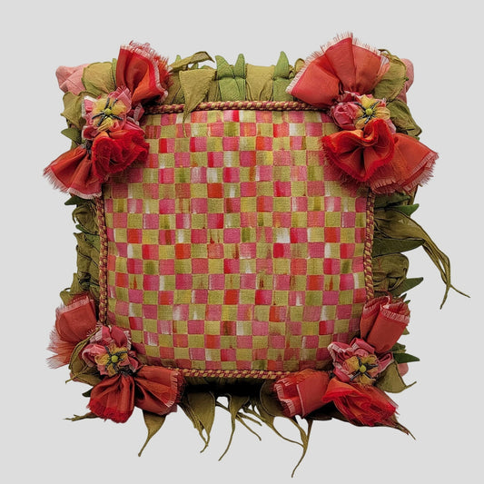 MacKenzie-Childs Silk Checkered Pillow Pink & Green