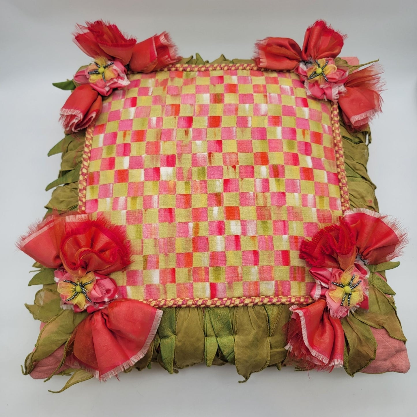 MacKenzie-Childs Silk Checkered Pillow Pink & Green
