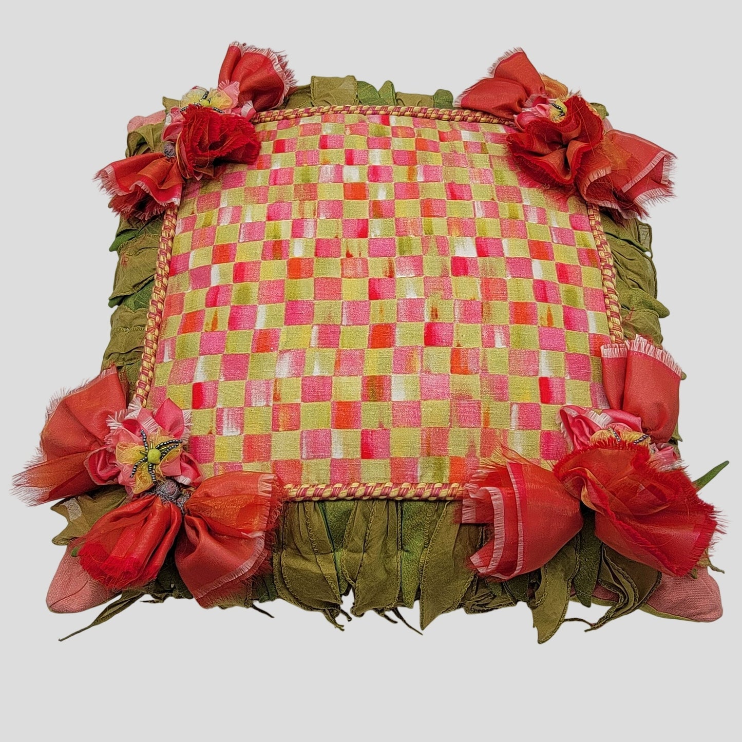 MacKenzie-Childs Silk Checkered Pillow Pink & Green
