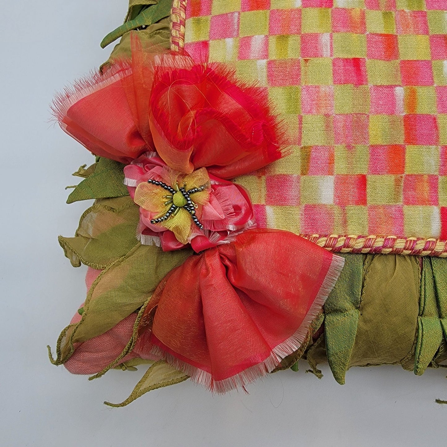 MacKenzie-Childs Silk Checkered Pillow Pink & Green