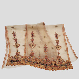Vintage Pair of Embroidered 100% Silk Dupatta Scarves With Zardozi Gold Border