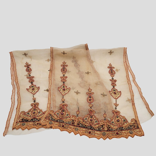 Vintage Pair of Embroidered 100% Silk Dupatta Scarves With Zardozi Gold Border