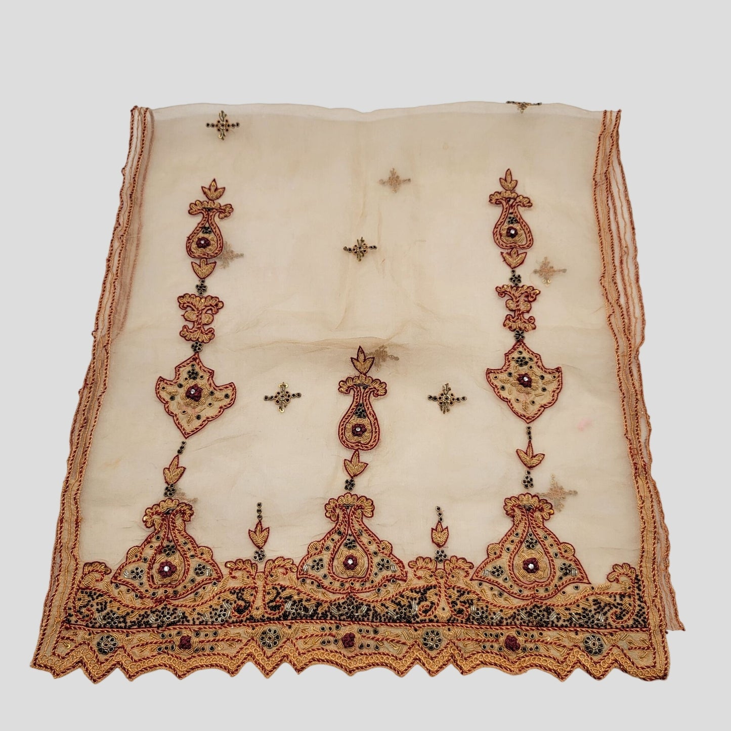 Vintage Pair of Embroidered 100% Silk Dupatta Scarves With Zardozi Gold Border