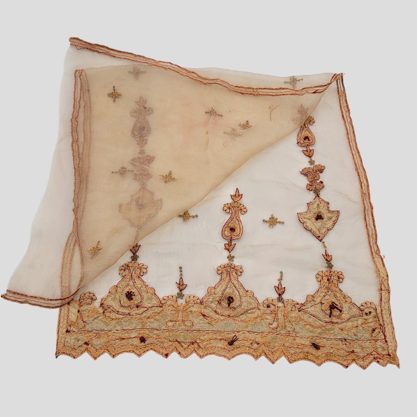 Vintage Pair of Embroidered 100% Silk Dupatta Scarves With Zardozi Gold Border