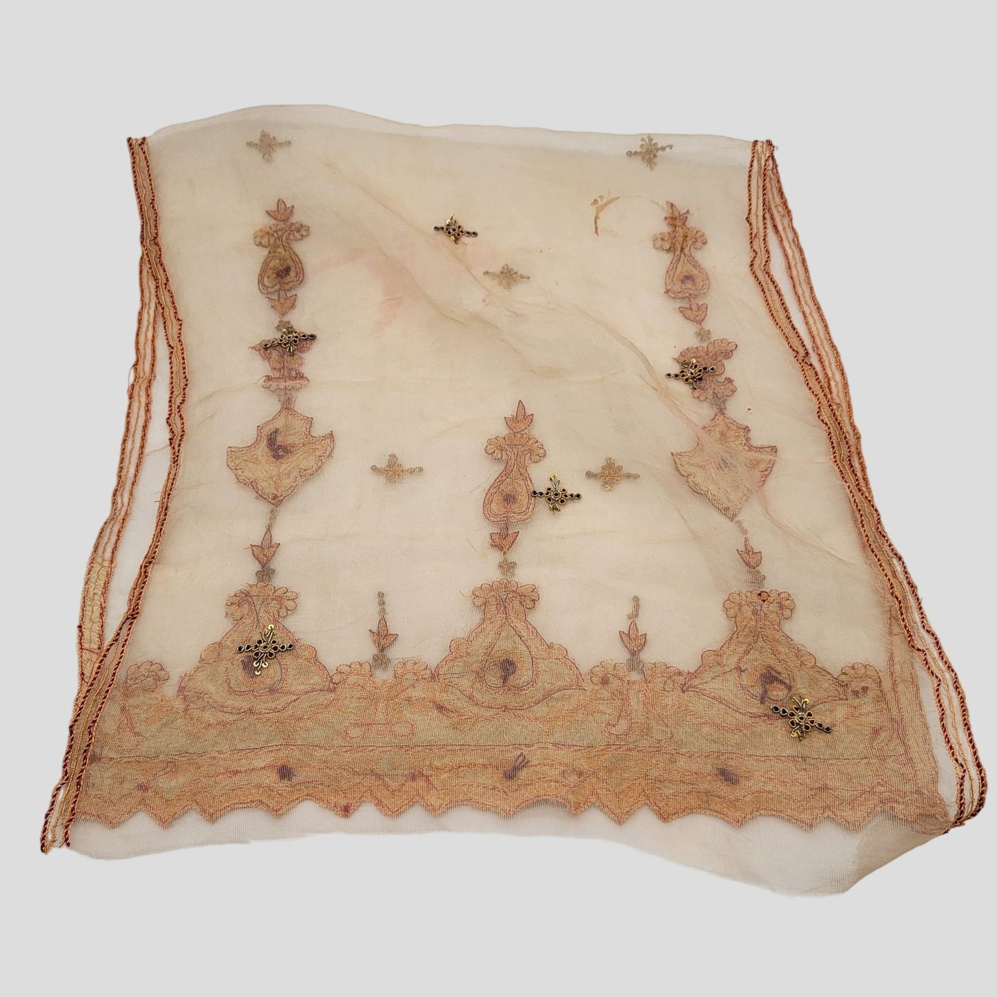Vintage Pair of Embroidered 100% Silk Dupatta Scarves With Zardozi Gold Border