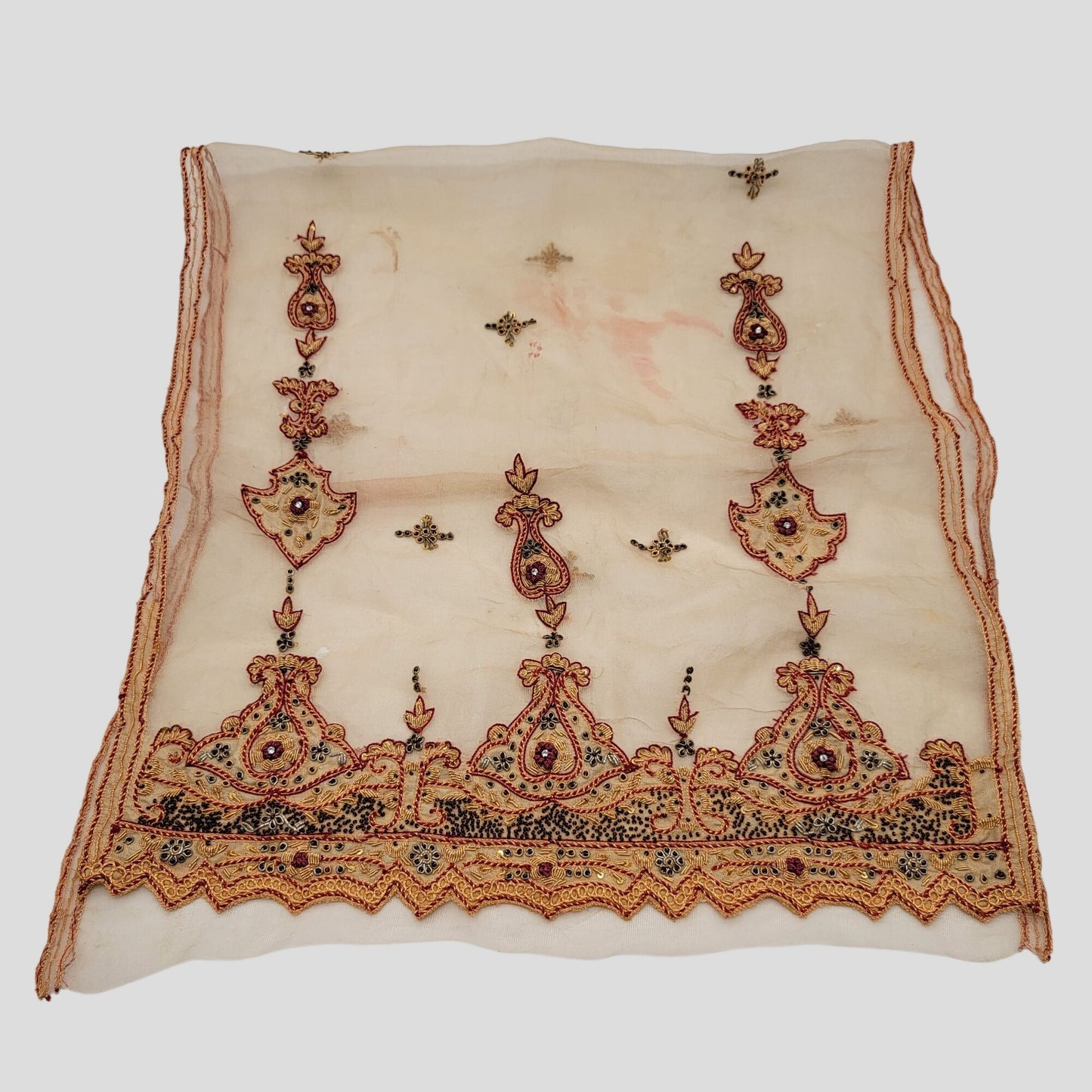 Vintage Pair of Embroidered 100% Silk Dupatta Scarves With Zardozi Gold Border
