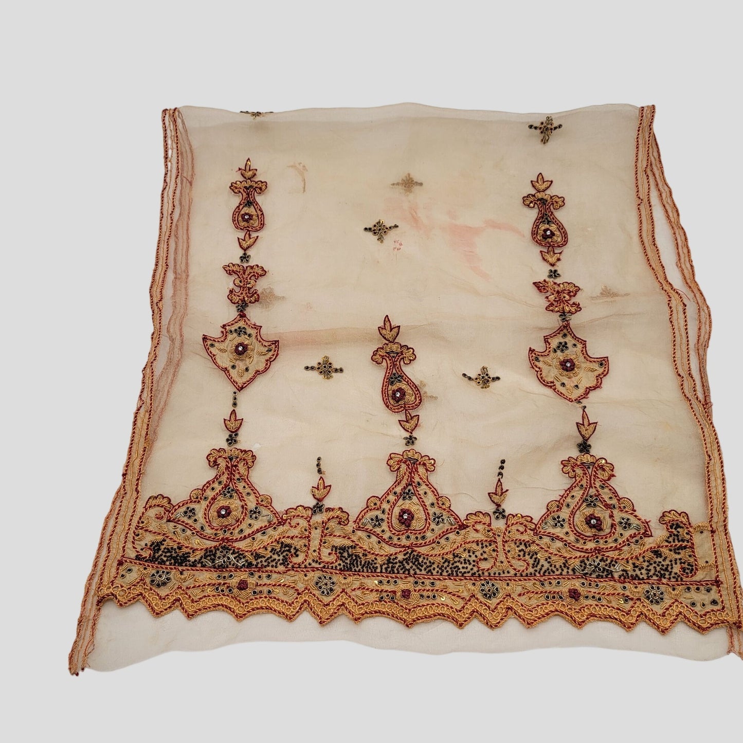 Vintage Pair of Embroidered 100% Silk Dupatta Scarves With Zardozi Gold Border