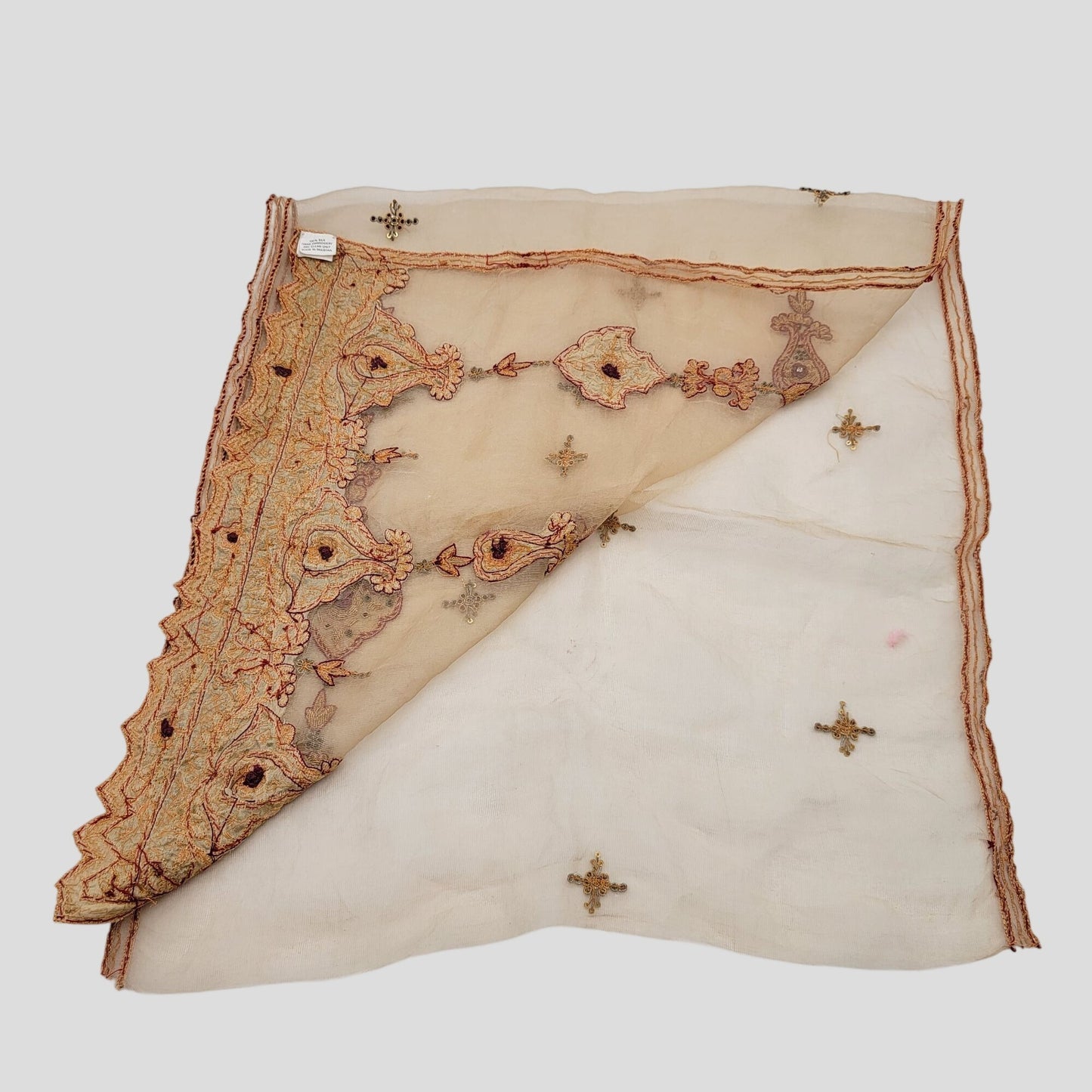Vintage Pair of Embroidered 100% Silk Dupatta Scarves With Zardozi Gold Border
