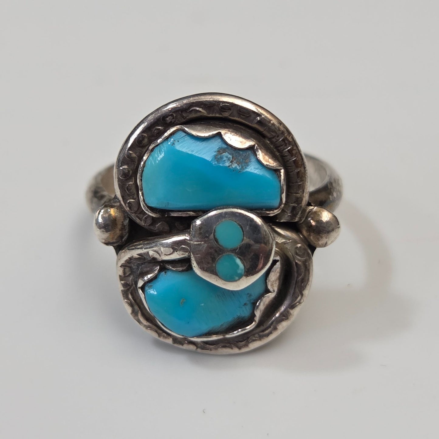 Effie Calavaza Zuni Sterling Silver & Turquoise Snake Pattern Jewelry Earring, Pendant & Ring Set