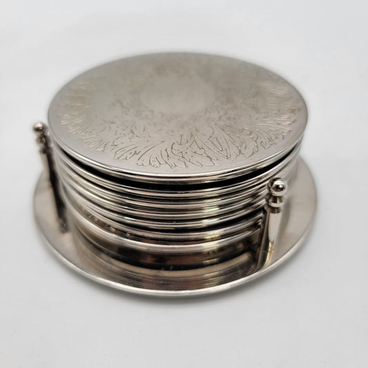 Vintage E.P. Brass Silver Plated Coaster Set With Holder