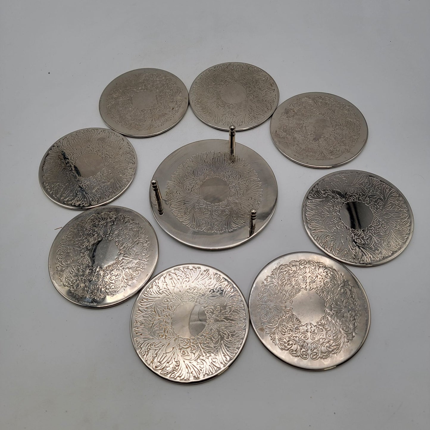 Vintage E.P. Brass Silver Plated Coaster Set With Holder