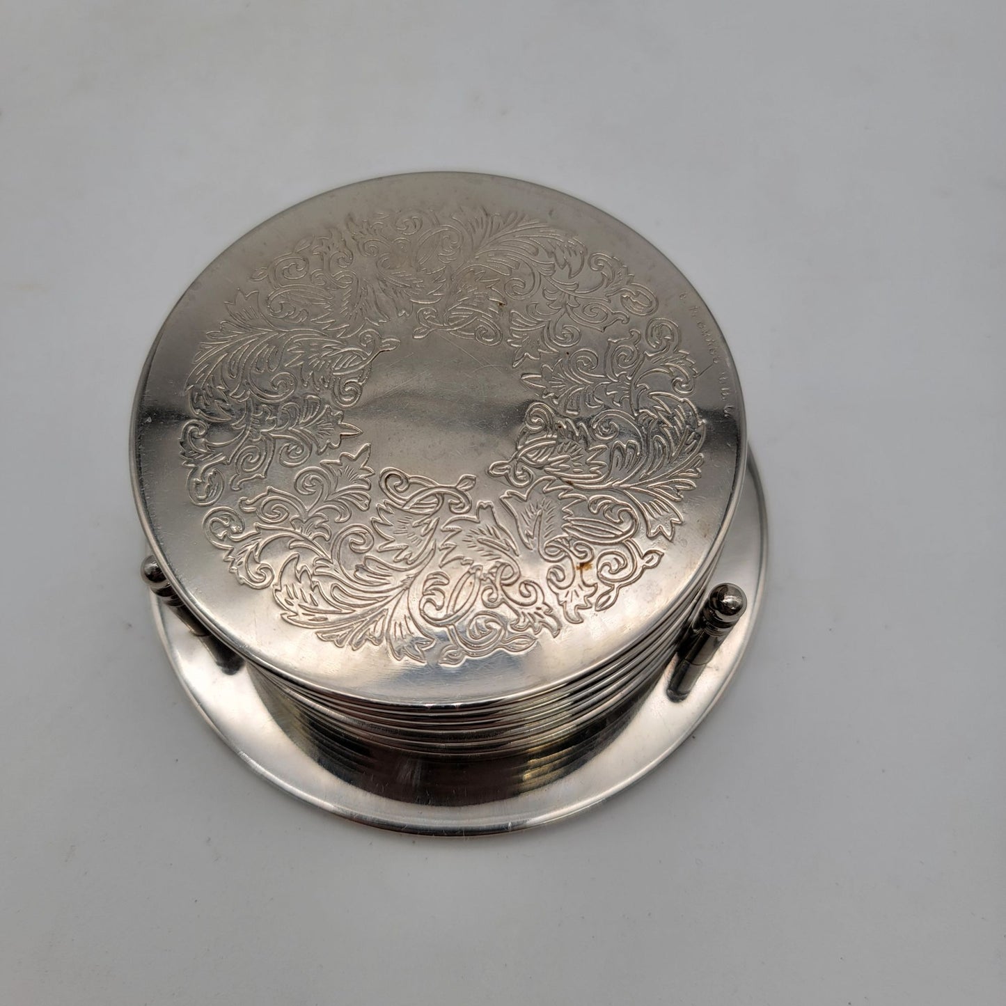 Vintage E.P. Brass Silver Plated Coaster Set With Holder