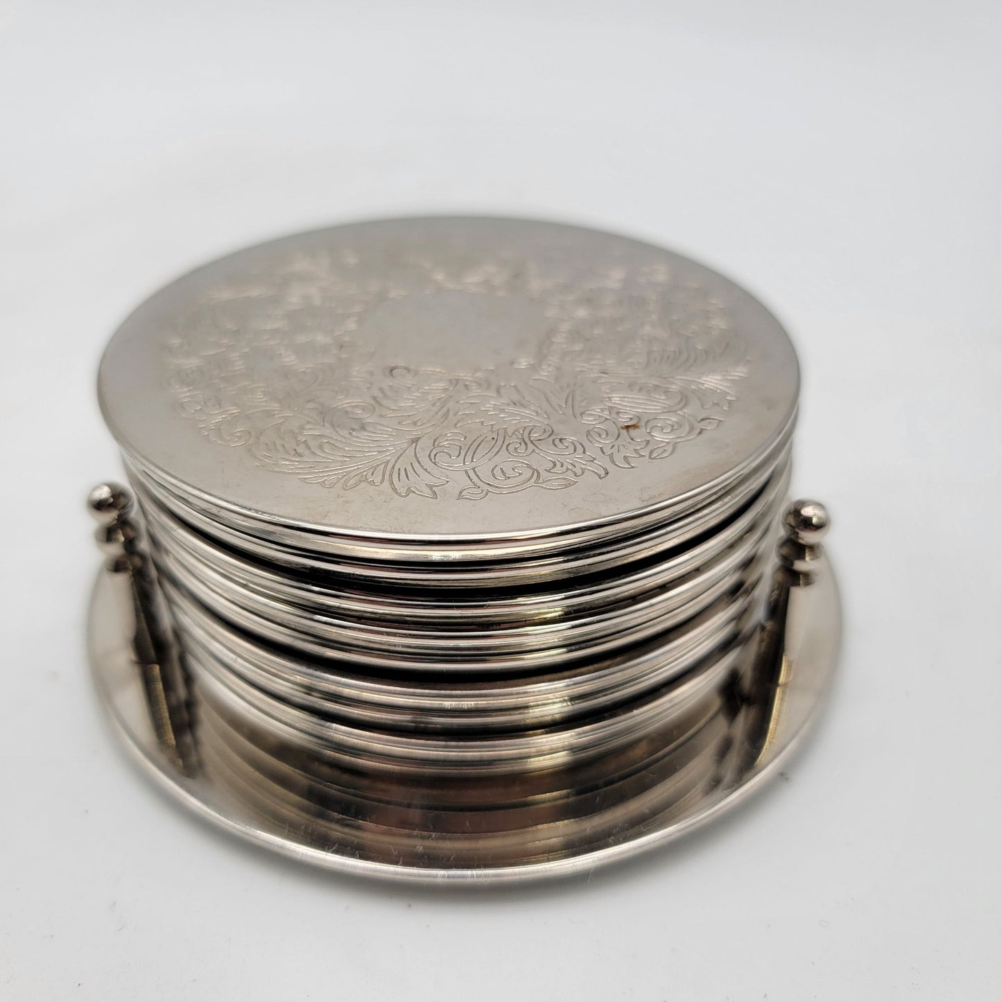 Vintage E.P. Brass Silver Plated Coaster Set With Holder
