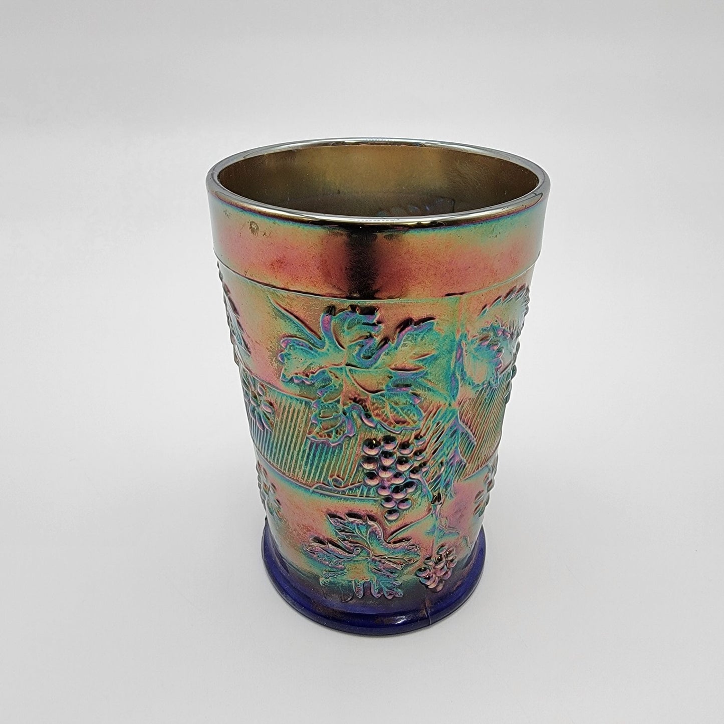 Antique 1912 Dugan Cobalt Blue Carnival Glass Tumbler Floral & Grape Pattern
