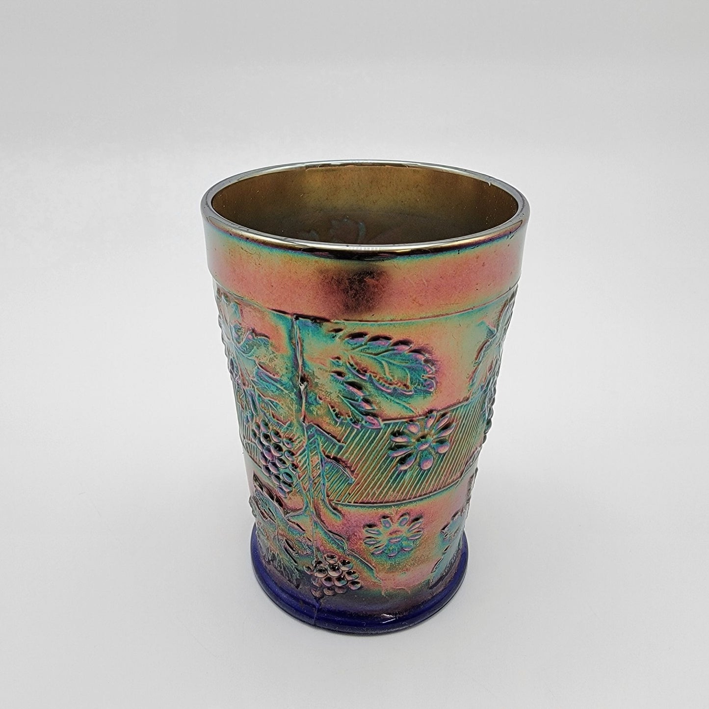 Antique 1912 Dugan Cobalt Blue Carnival Glass Tumbler Floral & Grape Pattern