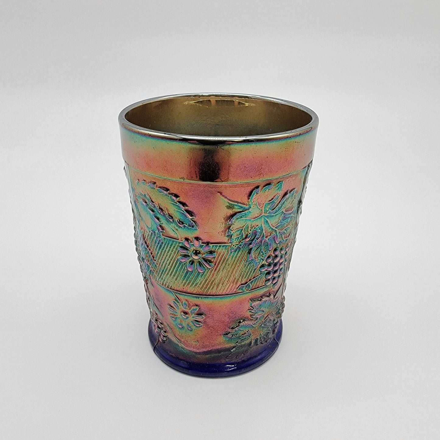 Antique 1912 Dugan Cobalt Blue Carnival Glass Tumbler Floral & Grape Pattern