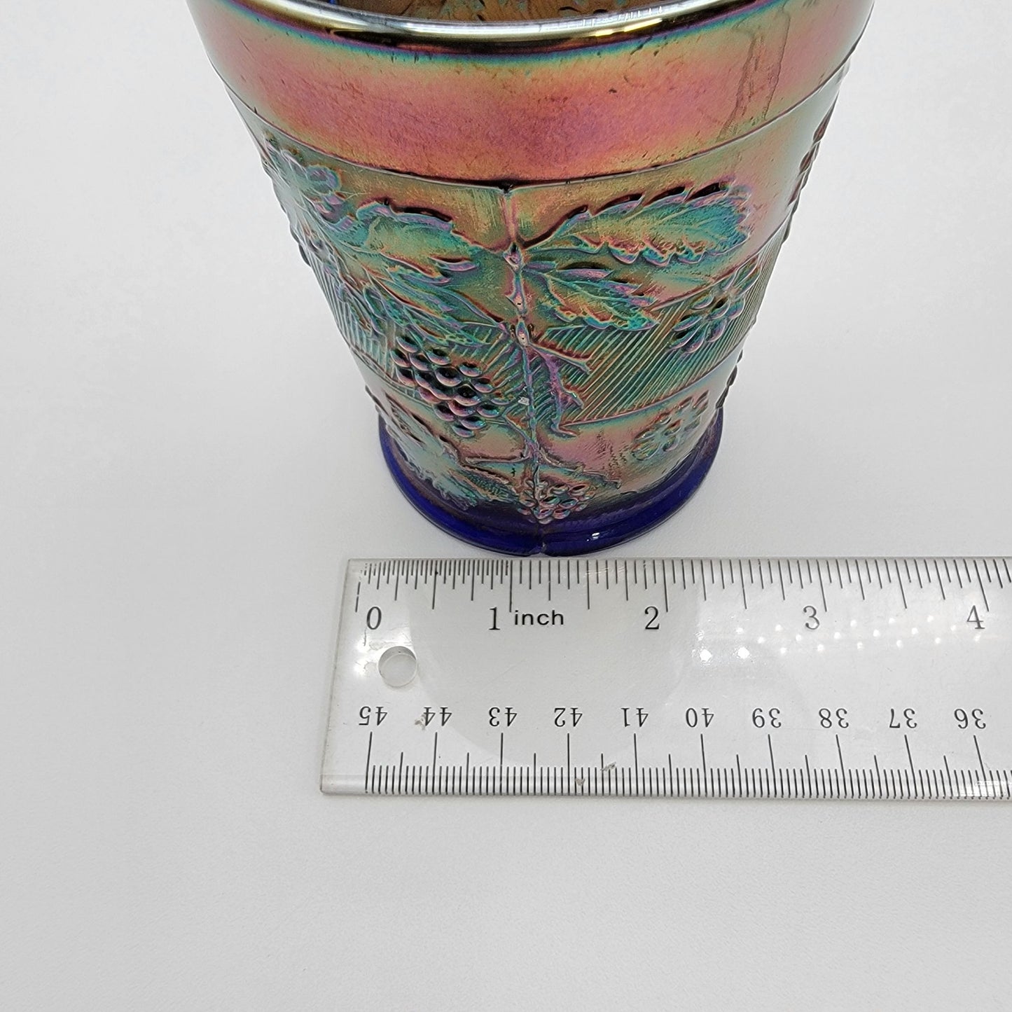 Antique 1912 Dugan Cobalt Blue Carnival Glass Tumbler Floral & Grape Pattern