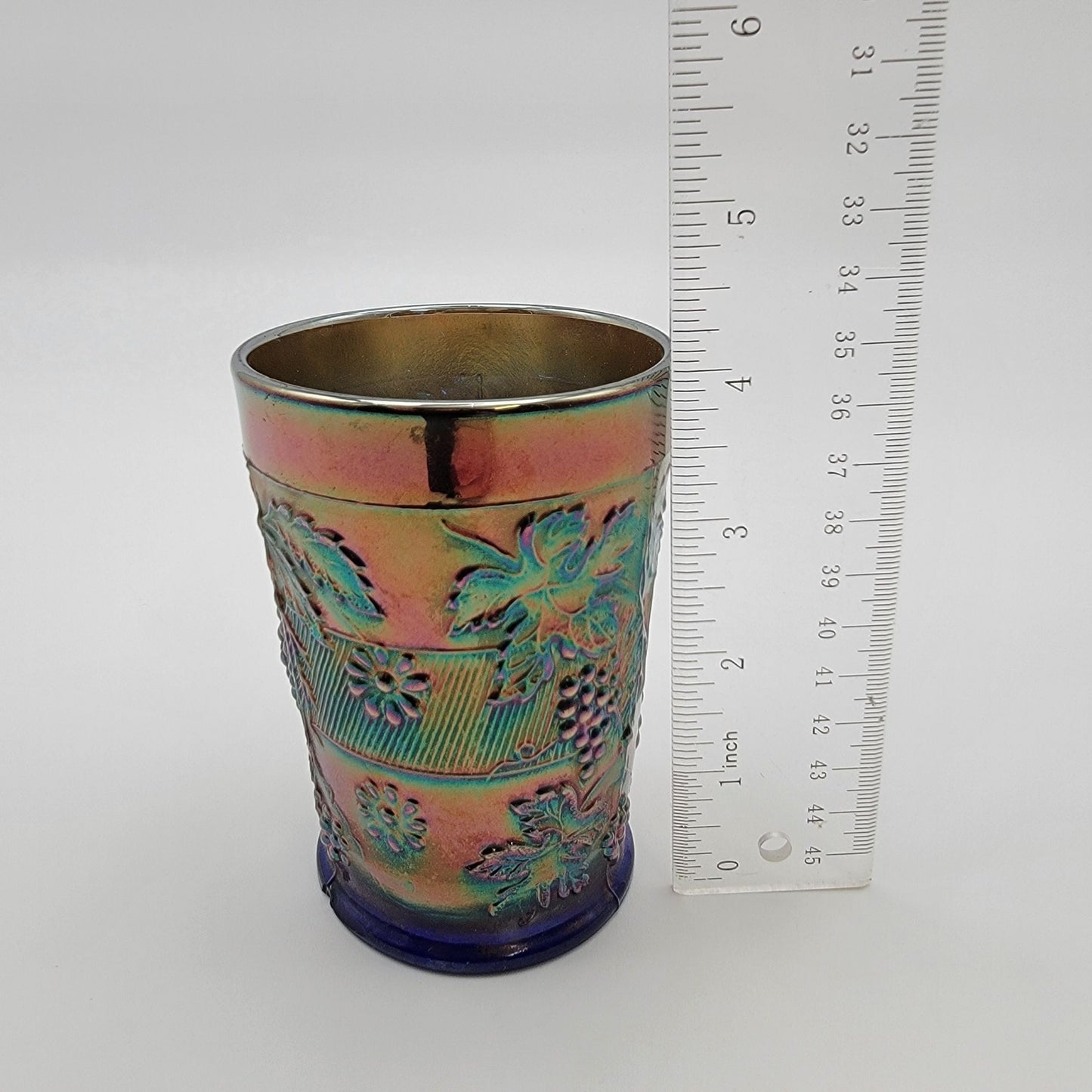 Antique 1912 Dugan Cobalt Blue Carnival Glass Tumbler Floral & Grape Pattern