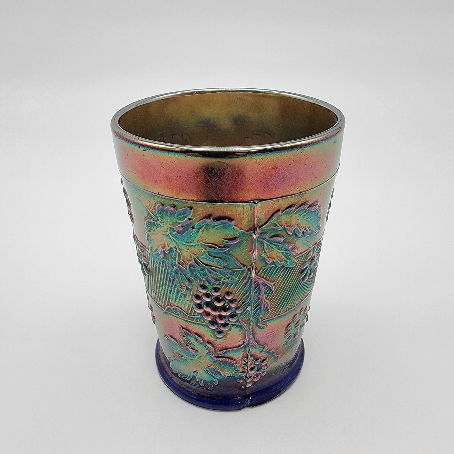 Antique 1912 Dugan Cobalt Blue Carnival Glass Tumbler Floral & Grape Pattern