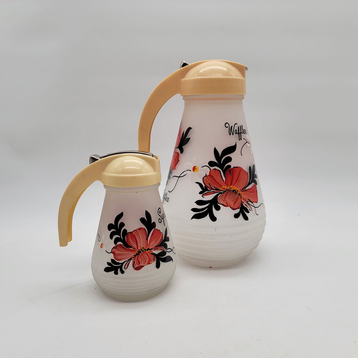 1950s Hazel Atlas Satin Glass Waffle & Syrup Pitchers Poppy Flowers