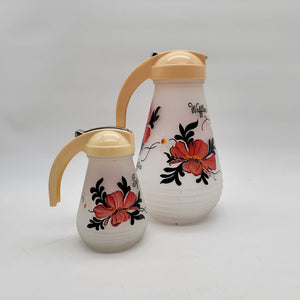 1950s Hazel Atlas Satin Glass Waffle & Syrup Pitchers Poppy Flowers